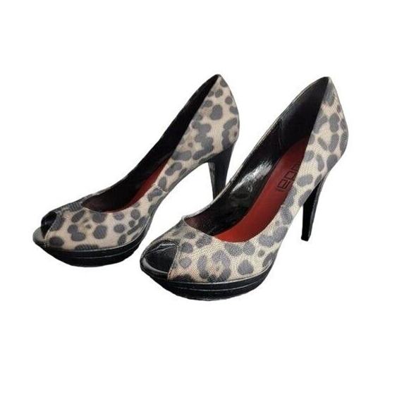 NEW Moda Spana Heels Peep Toe Leopard Print Sz 7.5 Black Tan Shoes Classic Sexy - Picture 1 of 10